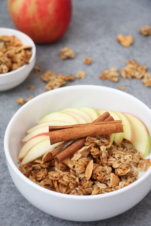 Side-on closeup of apple and cinnamonn granola, topped with apple slices and two cinnamon sticks on a gray background.