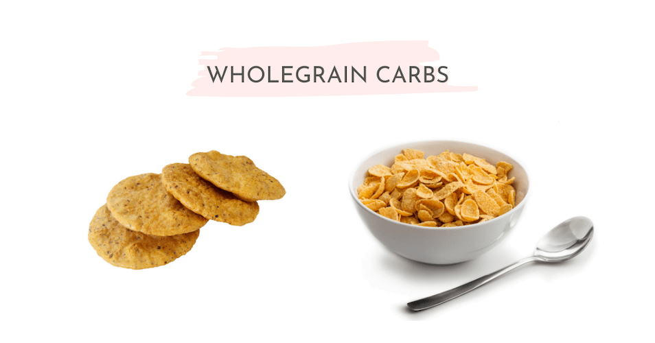 Whole grain crackers and high fiber cereal on a white background.