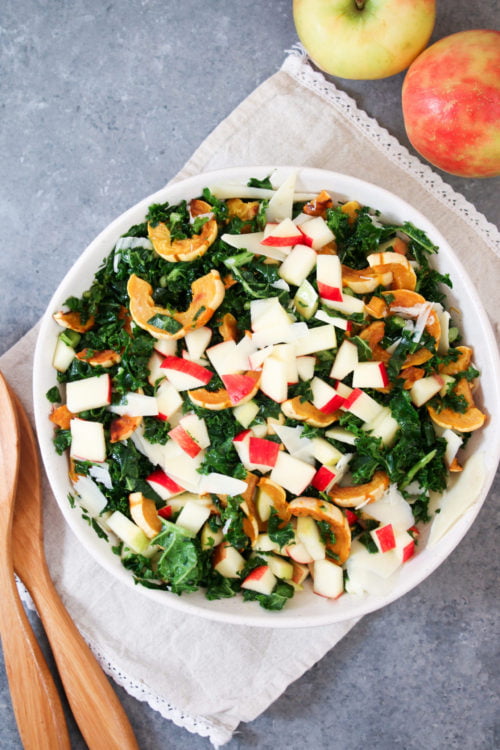 Overhead shot of delicata squash and kale salad in a white bowl on a gray background